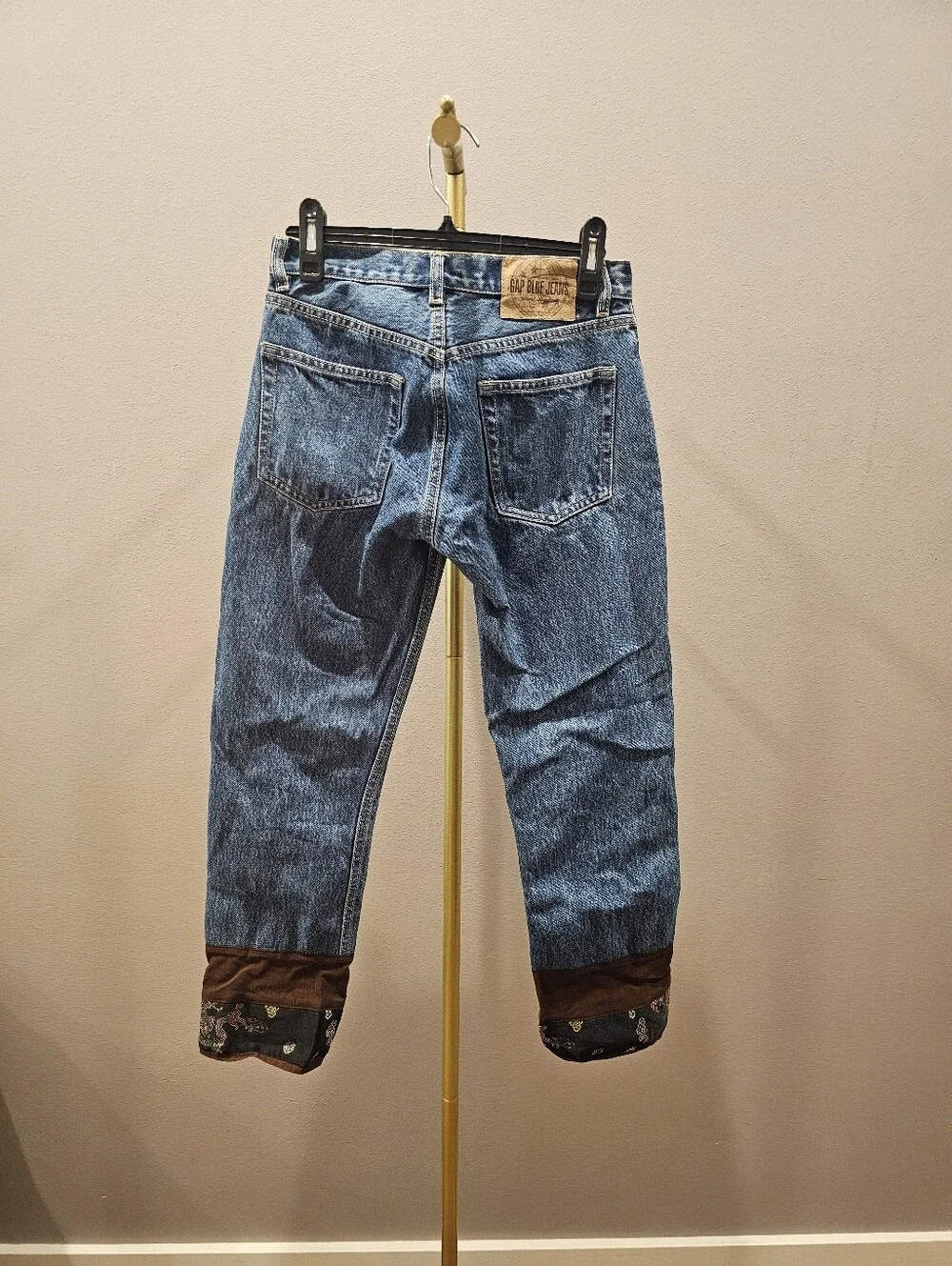 Vintage Low Rise GAP Relaxed Blue Denim Jeans with Brown Embroidered Cuffs